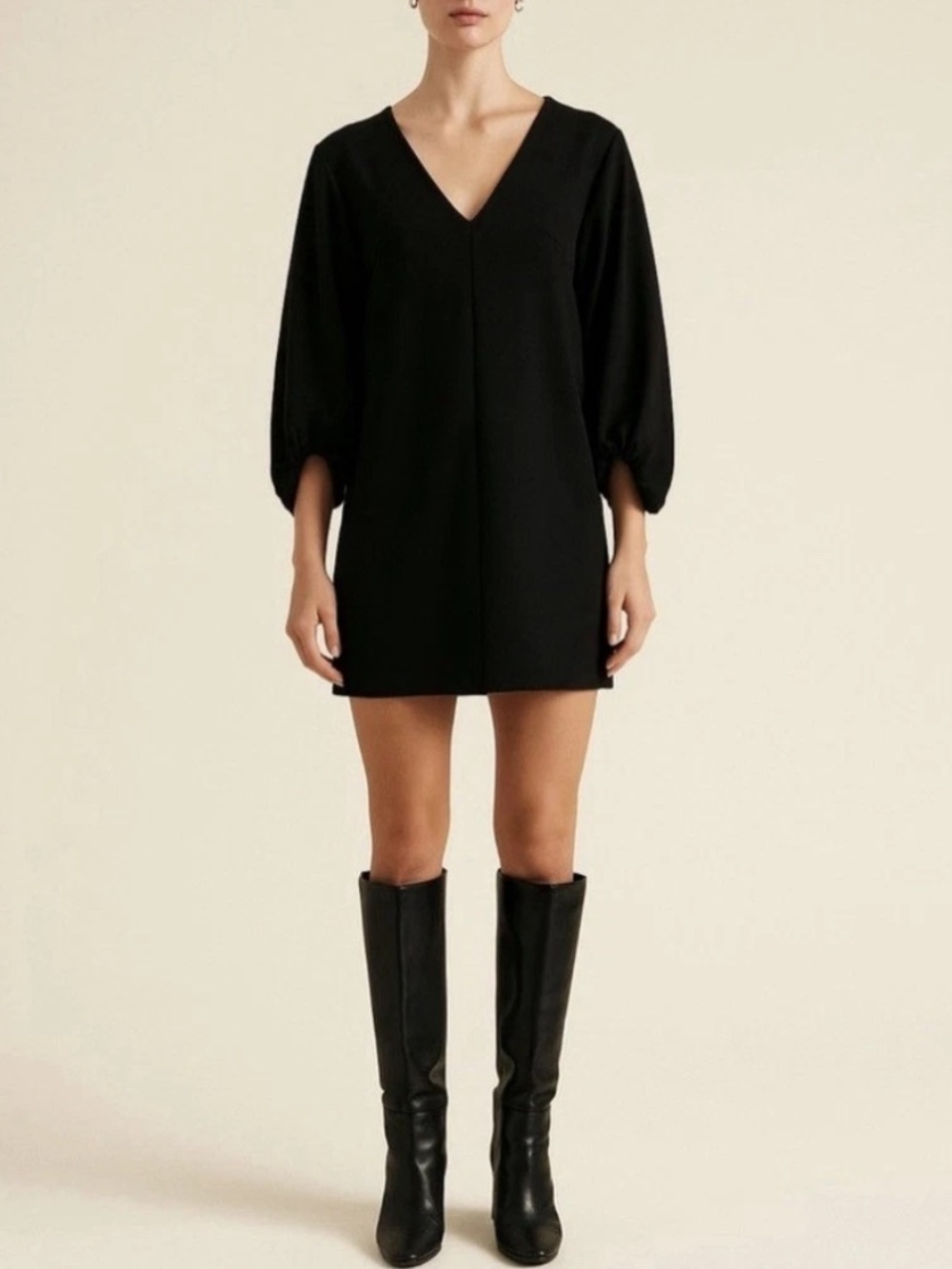 Tibi Black Crepe Shift Dress 3/4 Cinched Sleeves